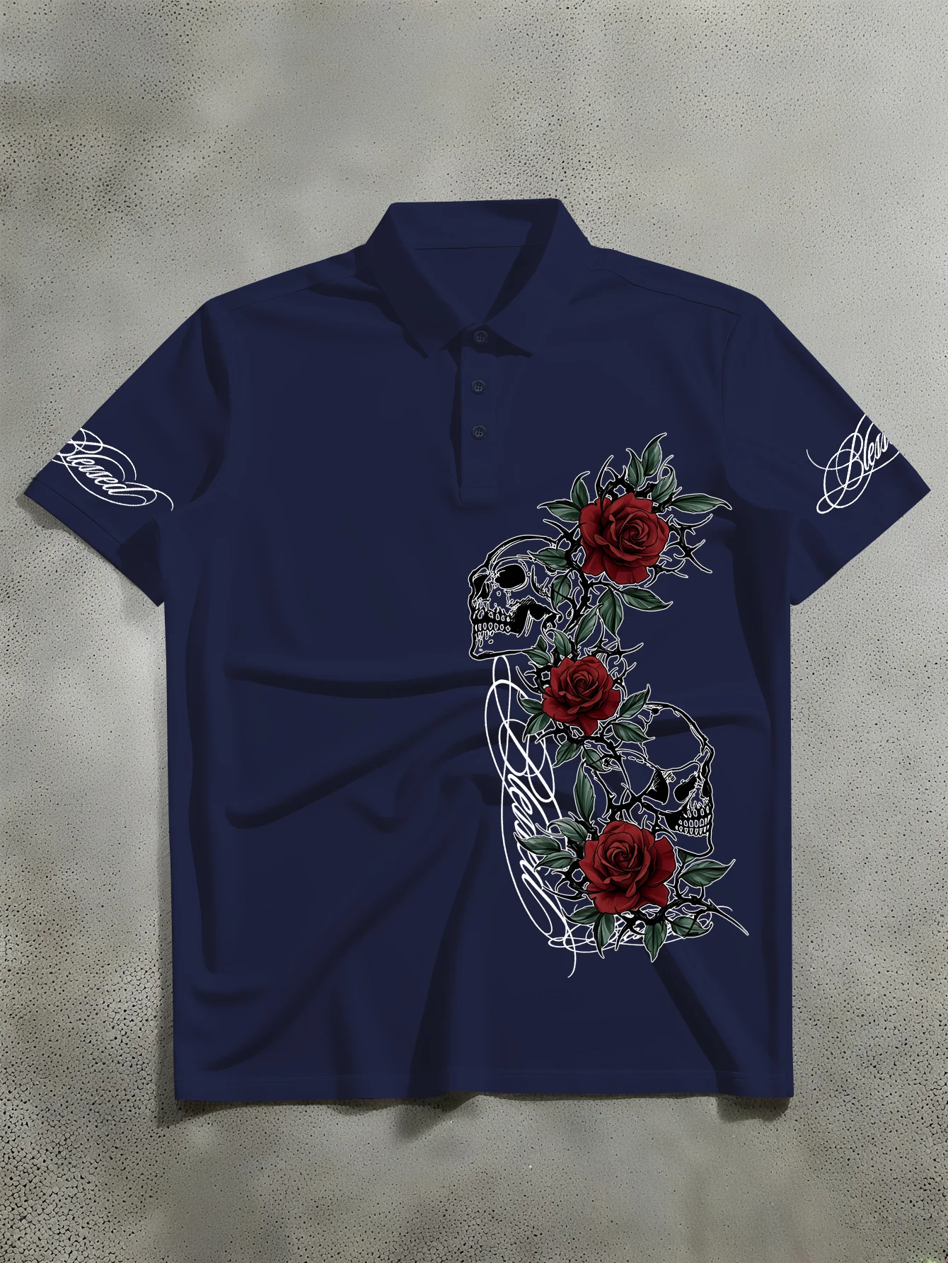 New unisex short sleeved polo shirt with American dark high street style, skull red rose thorn print polo shirt