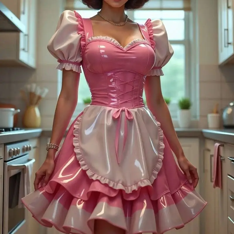 

Shiny Pink PVC Maid Cosplay Party Dress Puff Short Sleeves Mini Prom Dress Special occasion Costume Customized 2026