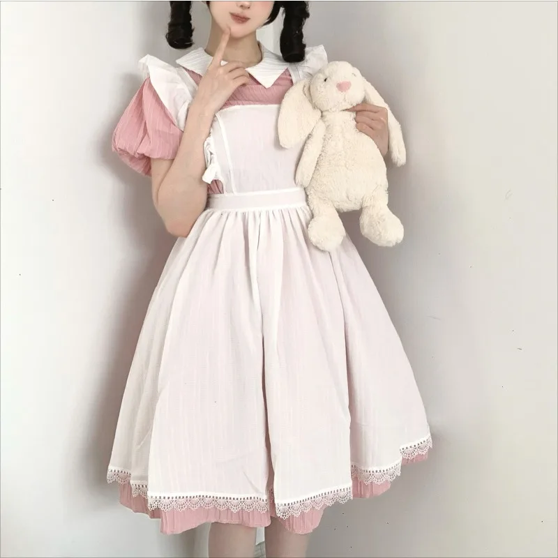 Vestido largo de sirvienta rosa y blanco con cuello Peter Pan, delantal con volantes, falda maxi, estilo vintage Lolita, disfraz de cosplay para fiesta.
