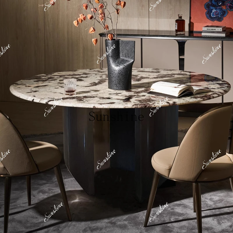 Large and small apartment type natural luxury stone simple round dining table with turntable   FT
