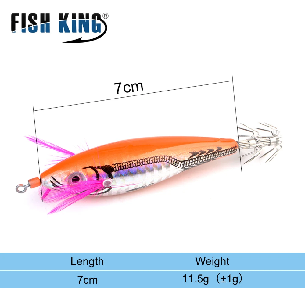 FISH KING Fishing Squid Hook Wood Shrimp Artificial Lure 7cm/11.5g 4colors Glow Jigging Octopus Jig Luminous