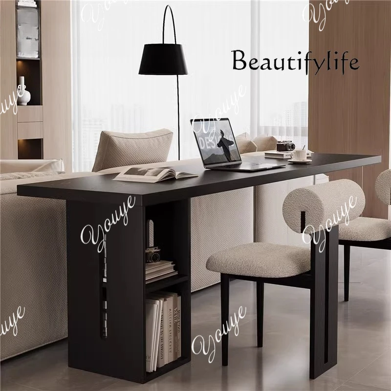 double reading table, Living room with cabinet, all solid wood black desk,  acrylic suspension computer desk behind sofa