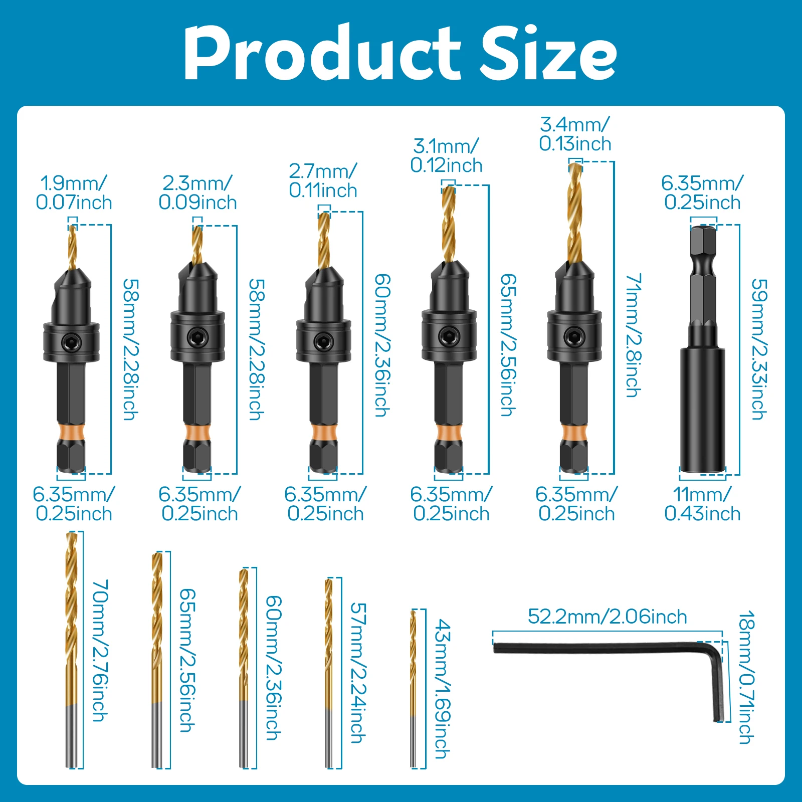 Countersink Drill Bit Set Titanium Coated HSS Double Flute 5 Sizes Adjustable Chamfer Drill Bit For Woodworking Furniture DIY