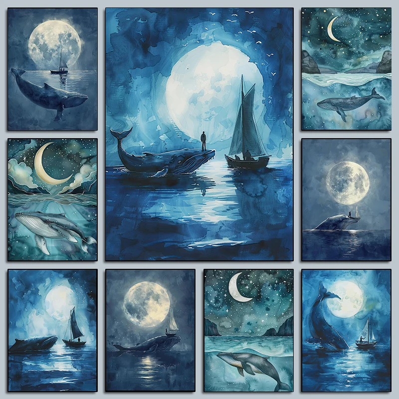 Modern Beautiful Romantic Whale and Boat Watercolour Posters Humpback Whales Prints Canvas Painting Wall Picture Home Room Decor