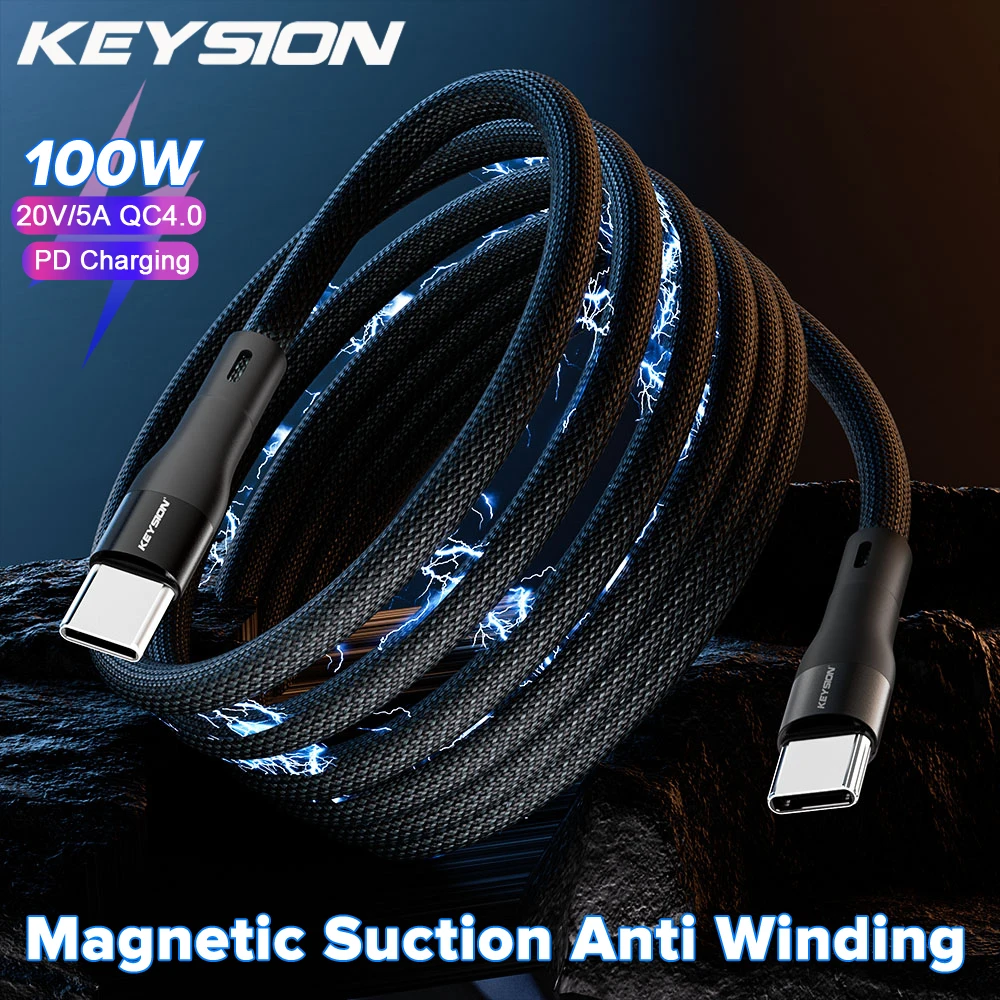 KEYSION Magnetic Suction Anti Winding 100W USB C to USB Type C PD Fast Charging Cable for iPhone 15 MacBook Samsung QC 4.0 Cord