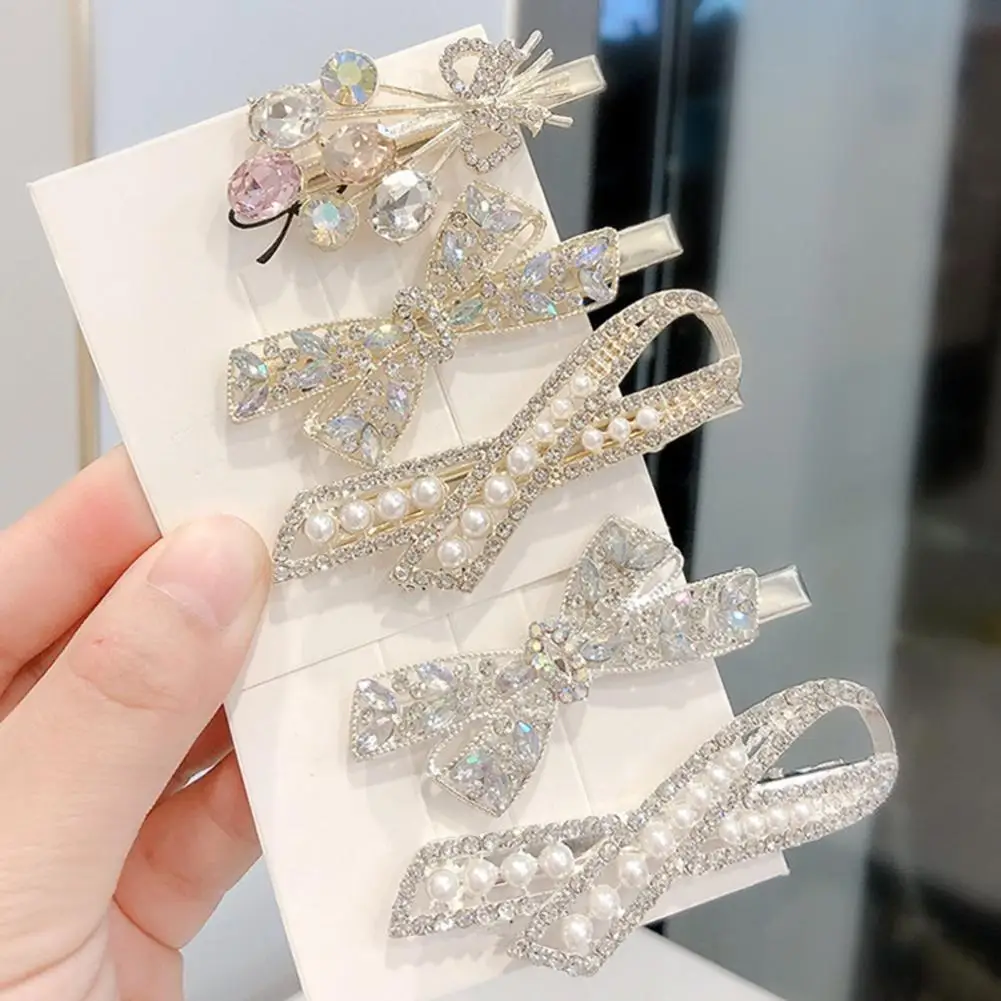 Women Hairpin Bow Shape Faux Pearl Rhinestone Faux Crystal Decor Anti-slip Sparkling Luxury Hair Decoration Hair Clip 여성 머리핀