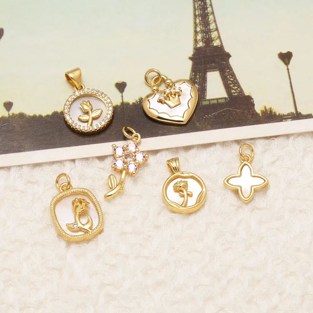 OCESRIO Rose Charms for Necklace Bracelet Gold Plated Brass Shell Cubic Zircon Flower Jewelry Accessories for Women chma585