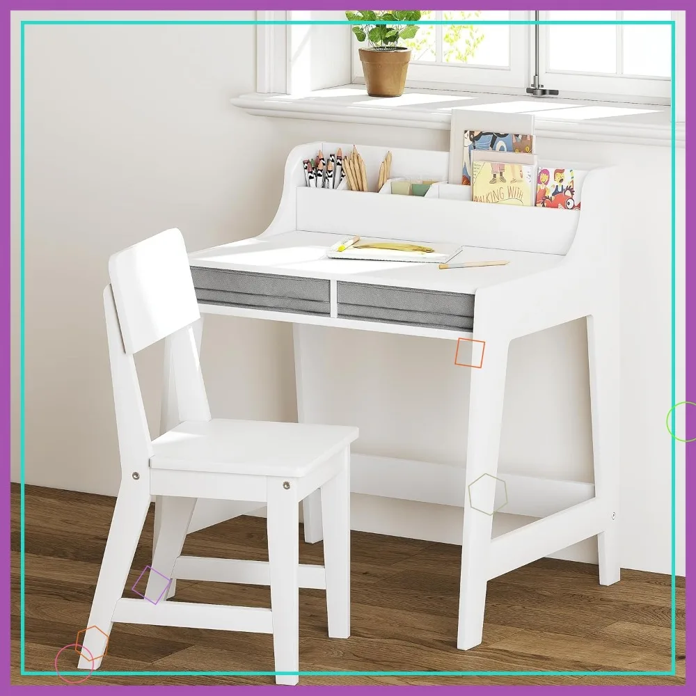 

Kids Desk and Chair Set with Storage Bins, Wooden Study Table for Bedroom & Study Room (2 Fabric Drawers)