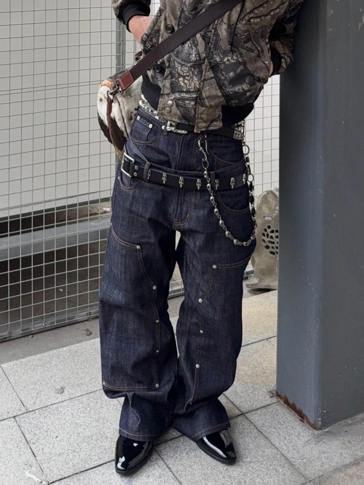 

Deep Blue Vintage Men's Jeans Loose Straight Leg Wide Leg Street Sle Rivet Original Cowhide Casual Faion Youth Trend