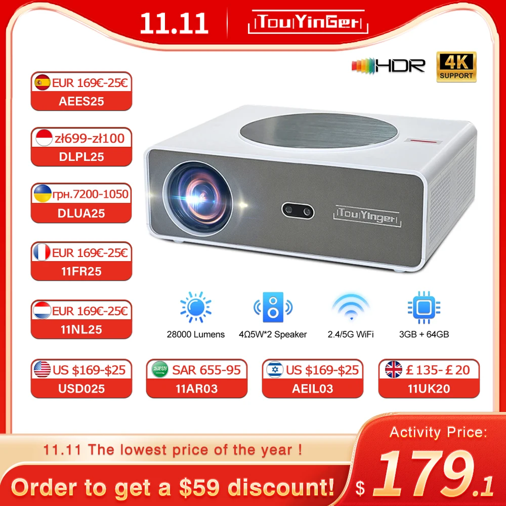 NEW Touyinger Q11Android Projector 4k 8k LED Home Theater Projector 5G Full HD Movie Projector