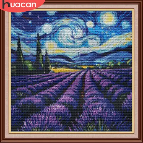 HUACAN Cross Stitch Kits Lavender Landscape Embroidery Sets Starry Sky Needlework Dmc Threads 11Ct Picture Printed Wall Decor