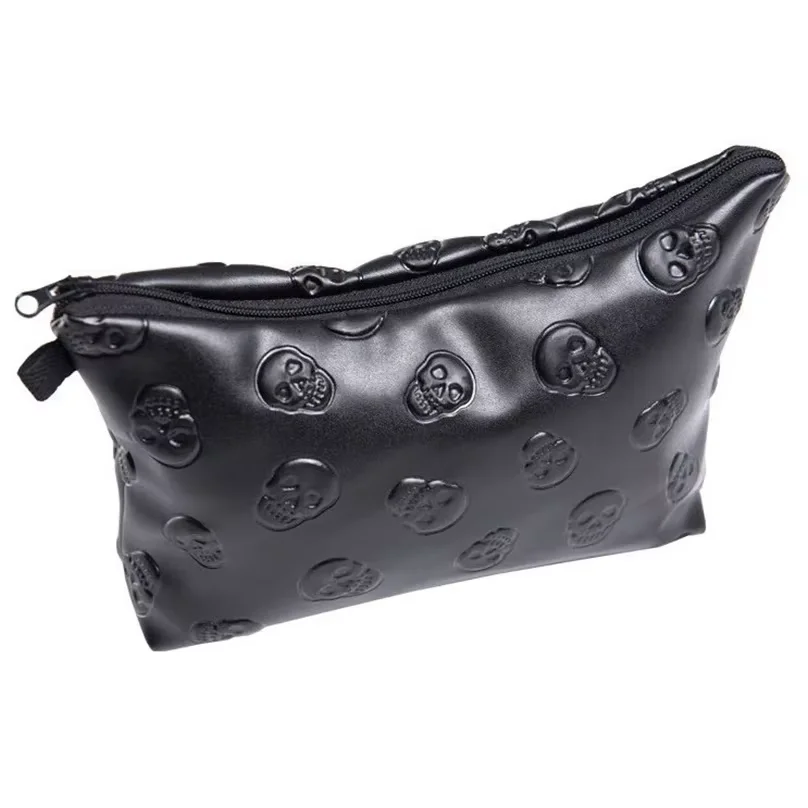 1 pc Black Skull Cosmetic Bag Women PU Leather Laser Makeup Bag Travel Organizer For Cosmetics Toiletry Kit Bag Dropshipping