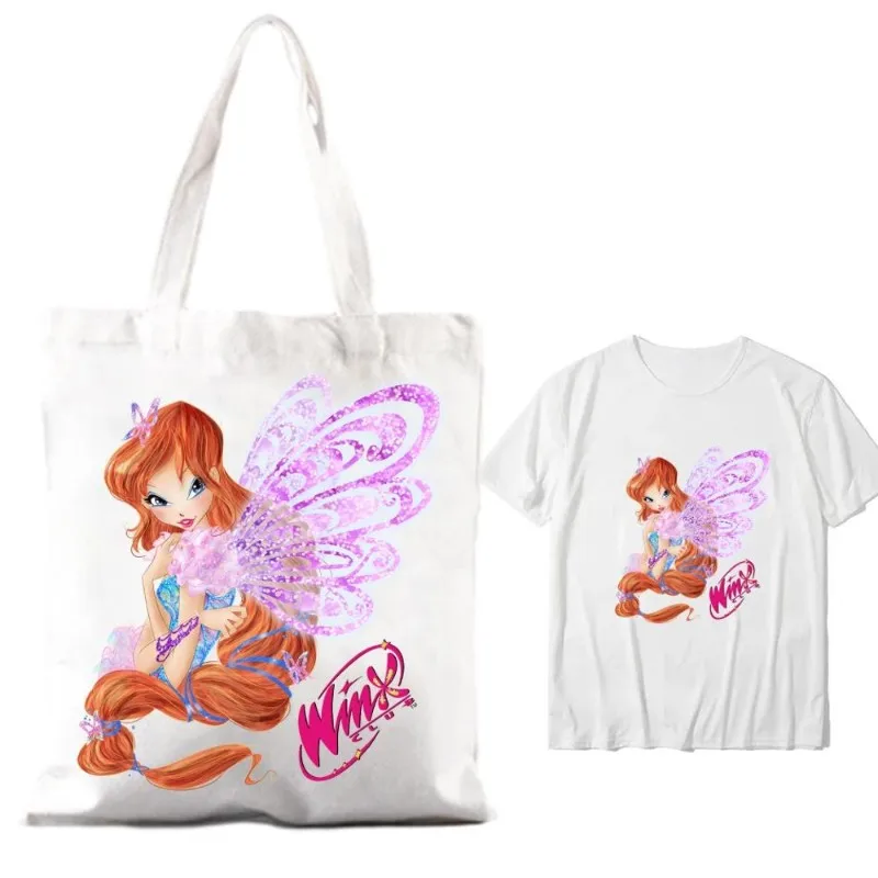 Cartoon C-Club Cute W-Winx damskie torebki na ramię para kombinowane ubrania z krótkim rękawem kołnierzyk moda T shirt Man bawełna