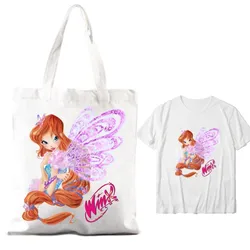 Cartoon C-Club Cute W-Winx Women Shoulder Bags Couple Combination Clothes Short Sleeve Collar Fashion T shirt Man Cotton