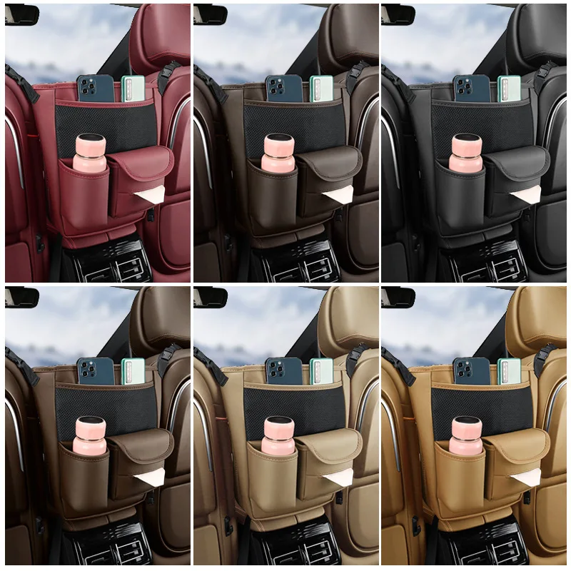 Leather Car Seat Middle Hanger Storage Bag Luxury Auto Handbag Holder Between Seats Tissue Water Cup Pockets Stowing Tidying