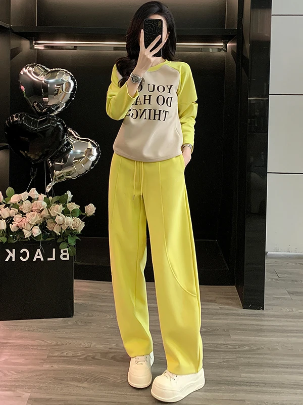 Retro Hong Kong Style Casual Set Women's Long Sleeve Letter round Neck Sweatshirt Yellow Wide Leg Pants Two Piece Set