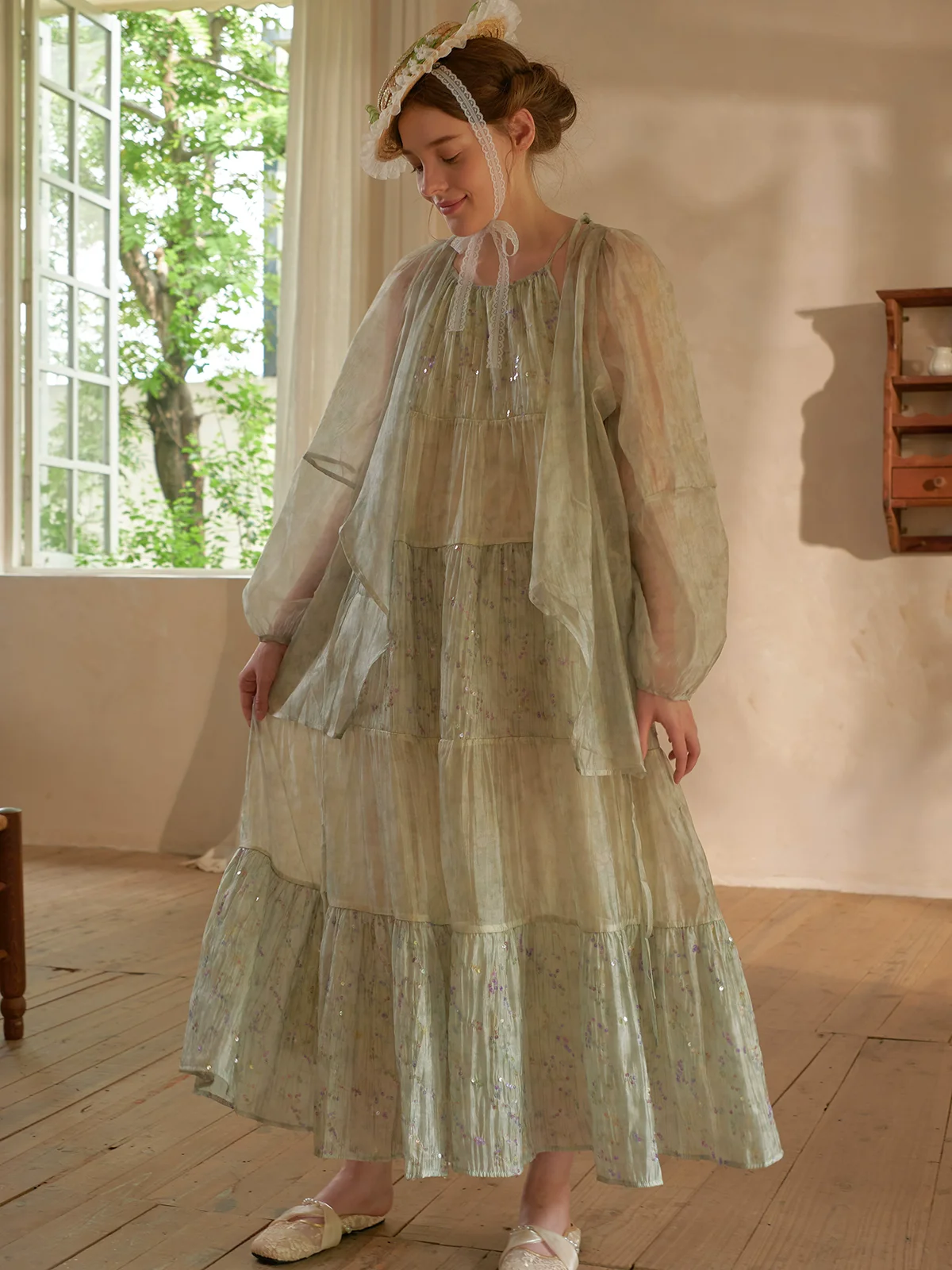 Frühling Sommer Damen Mintgrüner Pailletten-Maxirock Zweiteiliges Set mit Blazer-Oberteil und fließendem Camisole-Kleid