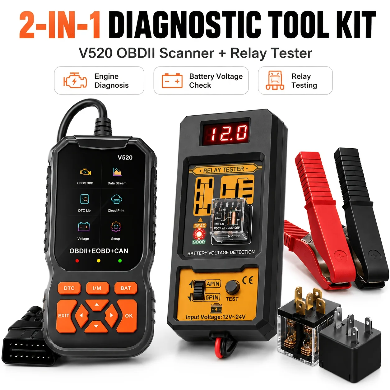 Car engine fault code reader, capable of reading clear DTC codes, real-time data stream, battery voltage detection, and I/M readiness status check. 4-pin 5Pi car relay tester, 12V/24V relay testing tool, universal car OBD/EOBD CAND diagnostic scanner, suitable for all OBD-compliant models manufactured after 1996, ideal for auto mechanics
