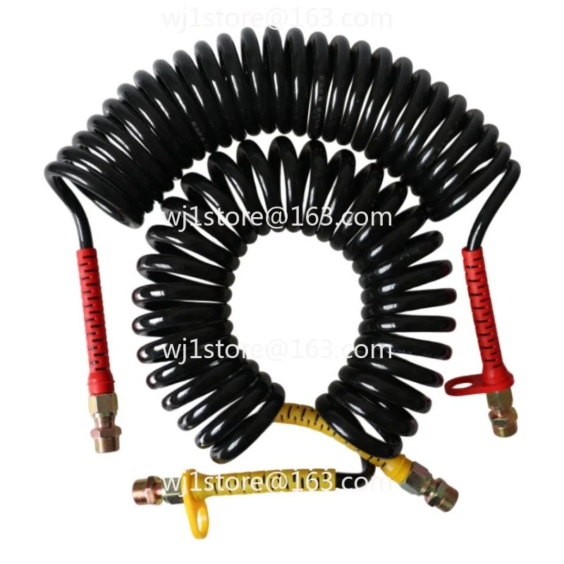 Spiral Spring Reinforced Air Brake Hose, Double Layer PU Coiled Line for Truck & Trailer - Black Red Yellow