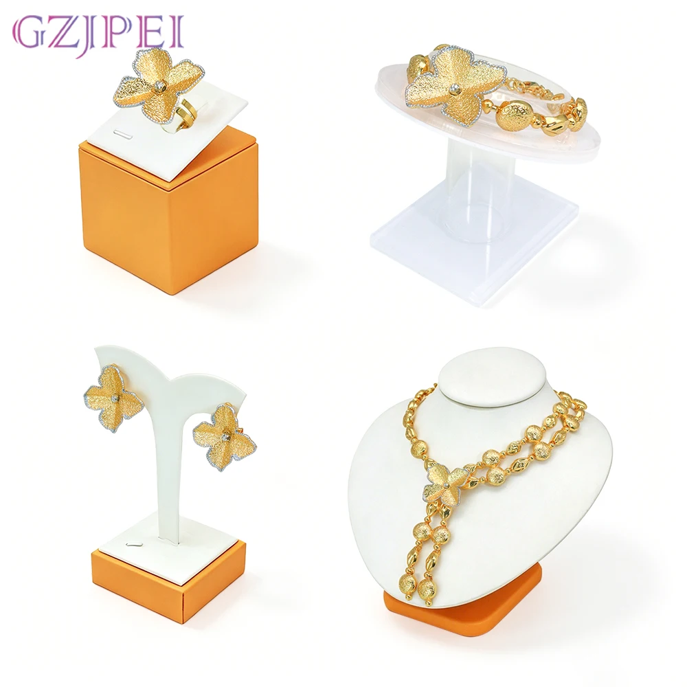 GZJPEI Dubai 18K Gold Plated Clover 4Pcs Jewelry Set Dubai Design Tassel Pendant Necklace Bracelet Earrings Ring 2026 New