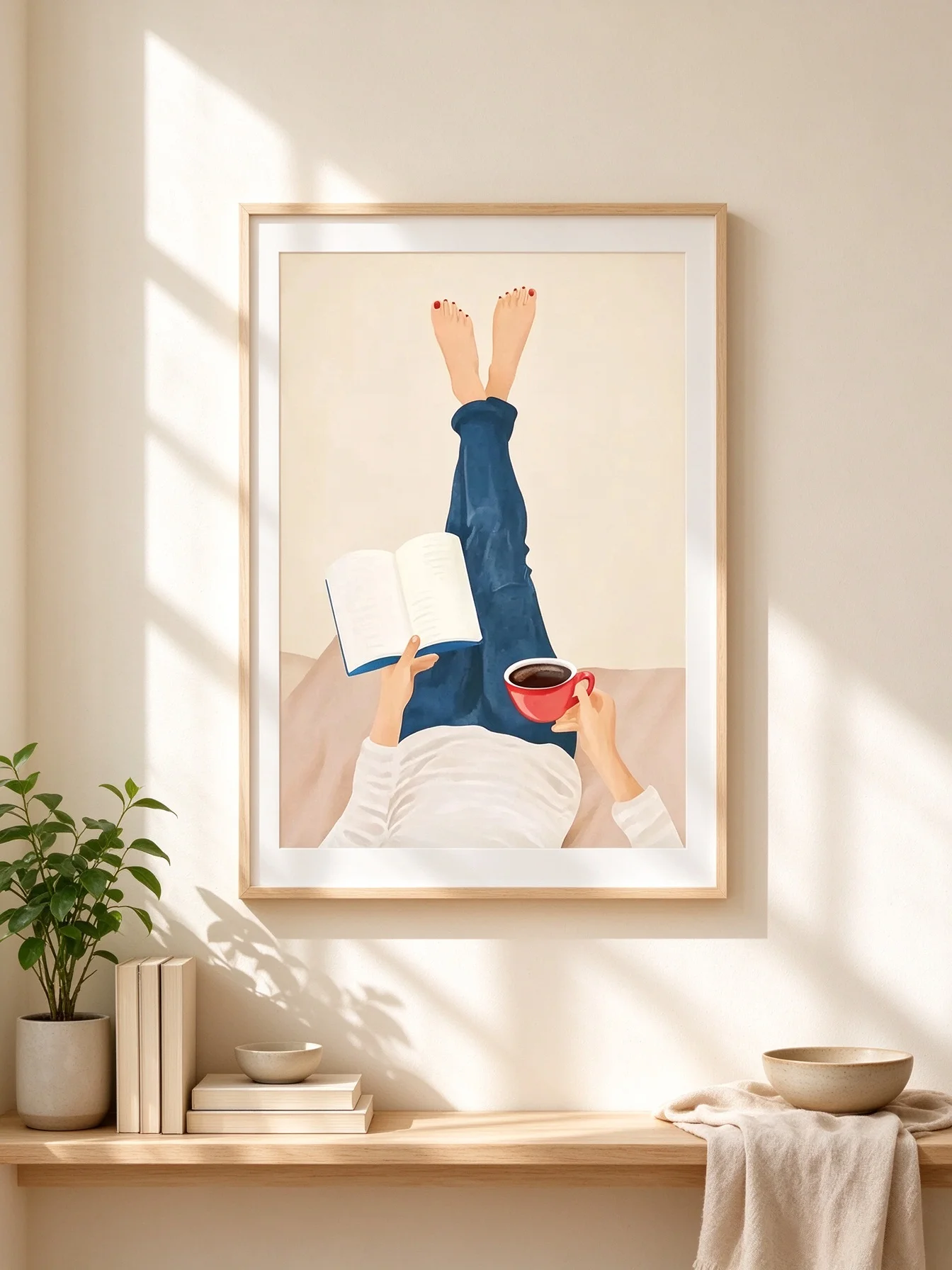 Cozy Reading Time Wall Art, Woman Relaxing with Book & Red Coffee Cup, Minimalist Neutral Bedroom Decor Poster