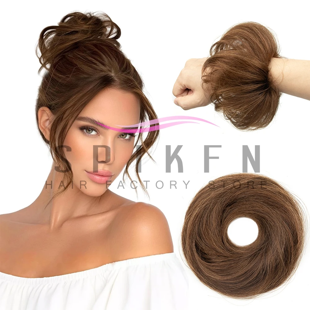 Brown Messy Hair Bun Hair Pieces Straight Scrunchie Updo with Elastic Rubber Band Extension Human Hair Ponytail Chignon Donut