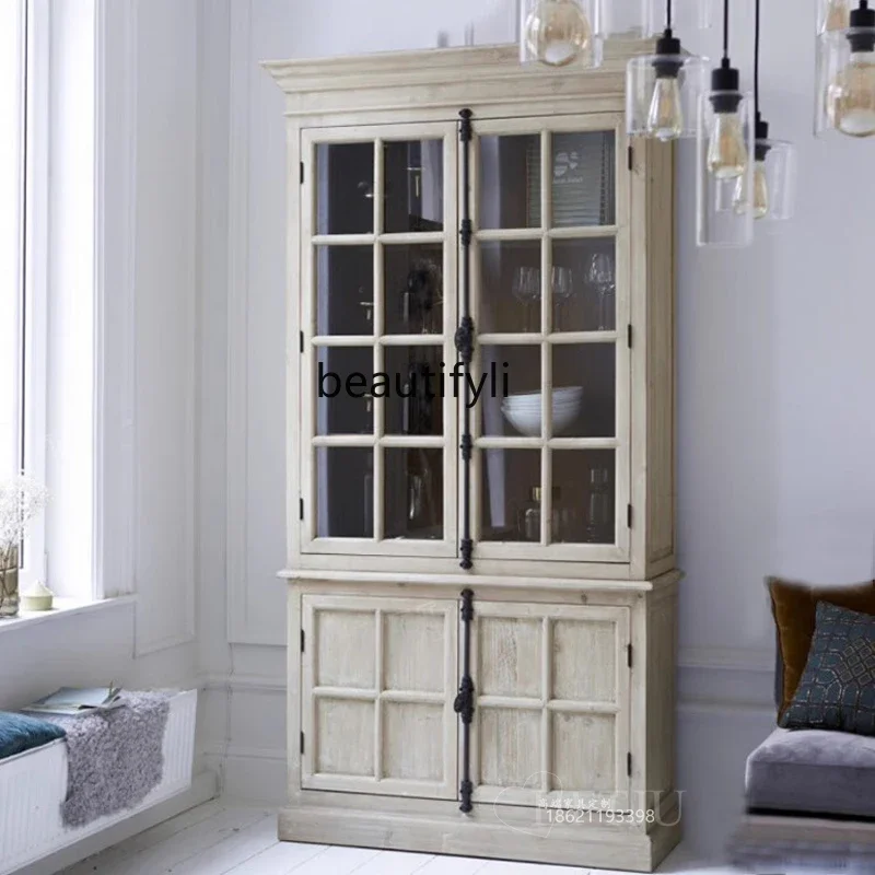 

Asmt56American rural solid wood bookcase French retro antique dining side cabinet glass door display cabinet customization