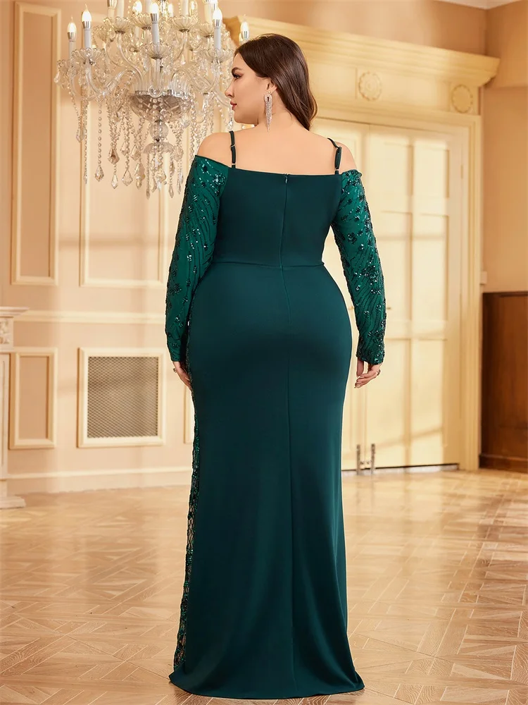 Lucyinlove Plus Size Luxury Off-shoulder Green Sequin Evening Dress 2024Women Long Sleeve Satin Party Floor Lenght Cocktail Prom