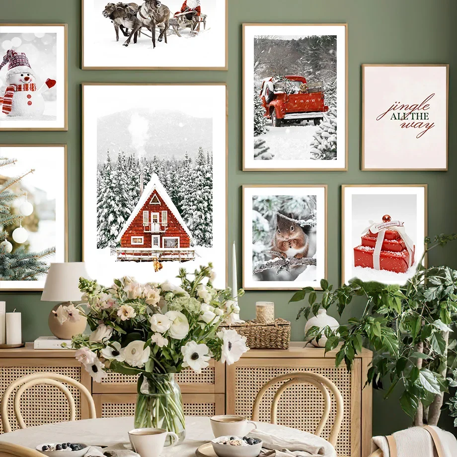 Red House Gift Car Snowman Tree Reindeer Santa Squirrel Christmas Decor Poster Wall Art Prints Canvas Painting Pictures For Home