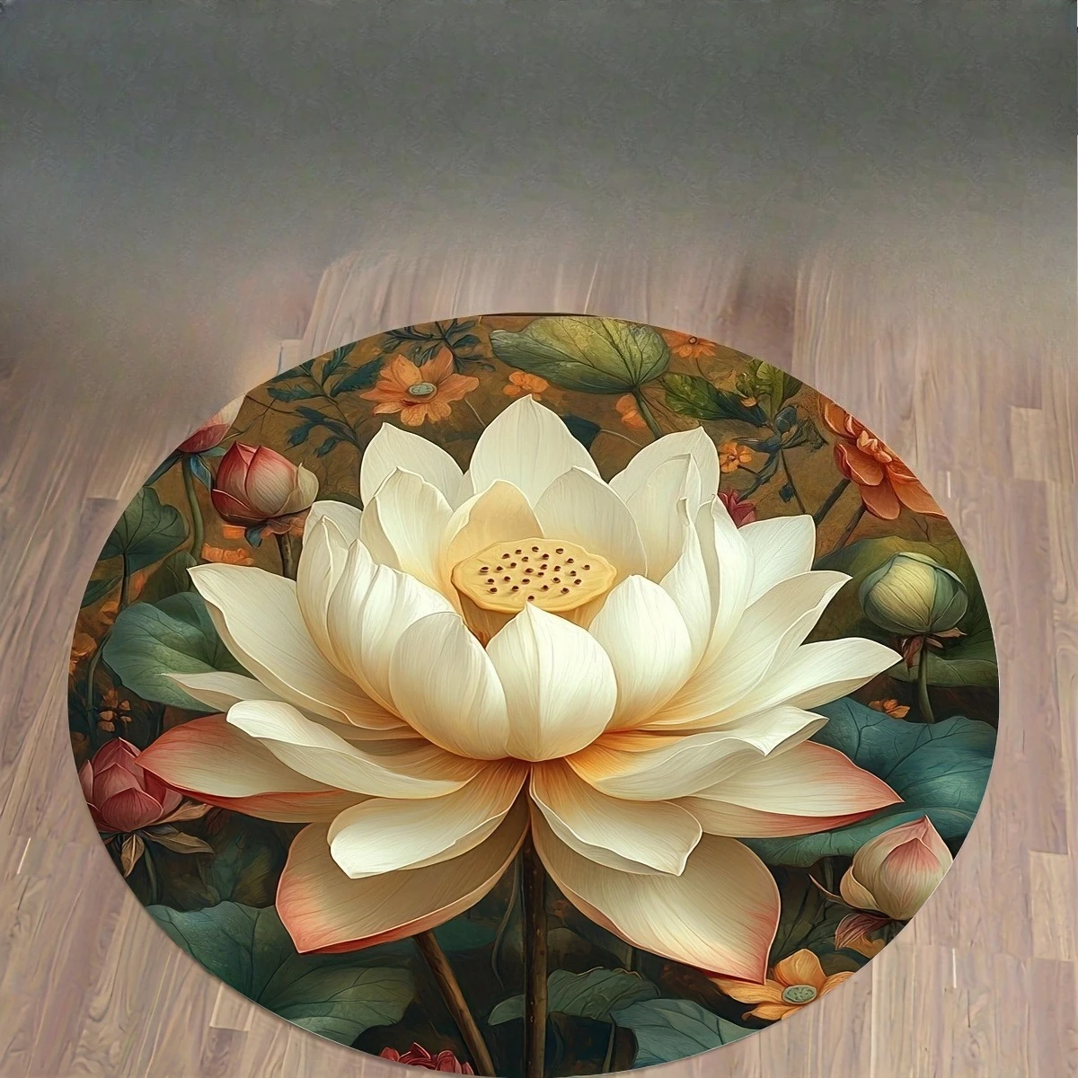 Vintage White Lotus Floral Round Rug  Retro Oil Painting Green Leaves Circular Non Slip Floor Mat for Bedroom Study Home Decor