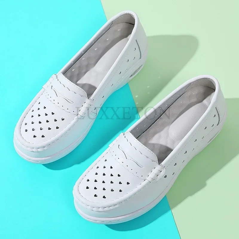 Sapatos de couro genuíno almofada de ar para mulheres, fundo macio, respirável, plano, branco, médico, primavera, verão, novo