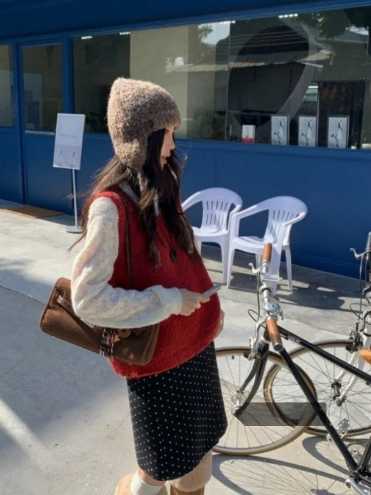 

Корейский мягкий красный вязаный свитер в стиле ретро, жилет, женский зимний модный простой свободный многослойный топ, модный длинный свек, круглый Ne