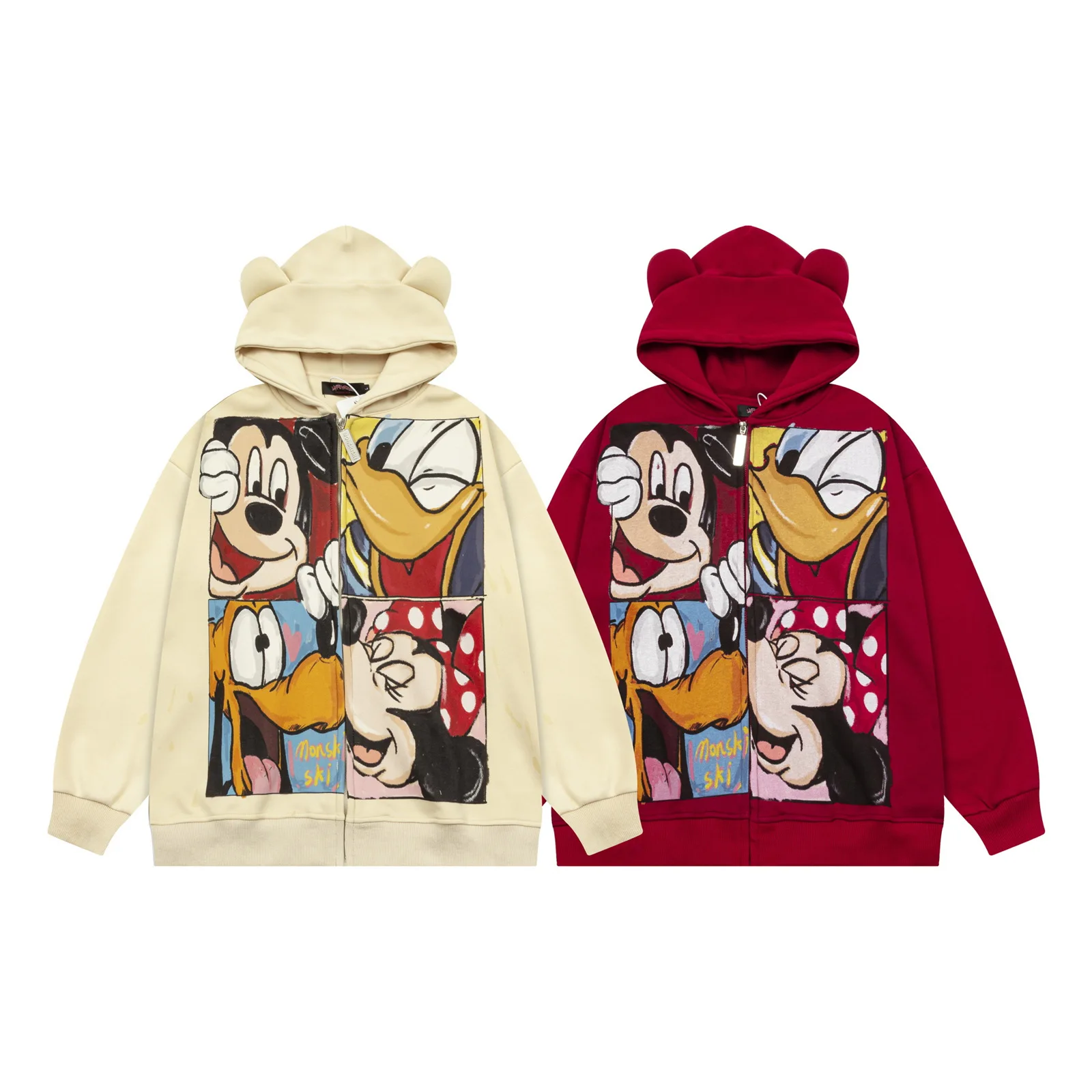 American Retro Cartoon Print 3d Ears Hooded Fleece Sweater Men's and Women's Autumn and Winter Loose Versatile Zip Jacket