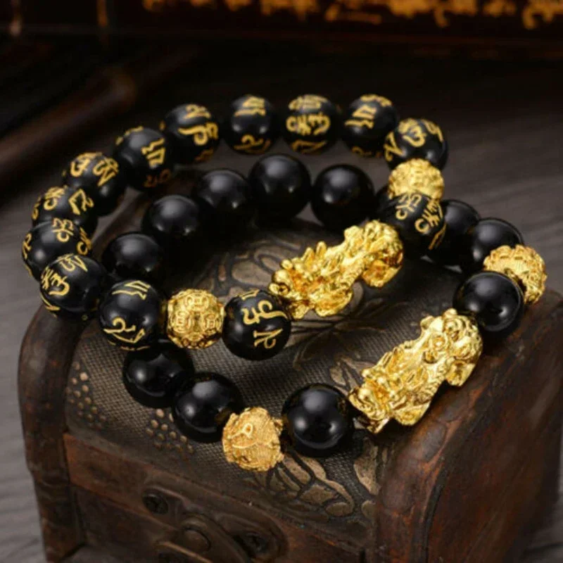 Black Obsidian Wealth Bracelet Adjustable Releases Negative Energies Bracelet with Golden Pi Xiu Lucky Wealthy Amulet Bracelet