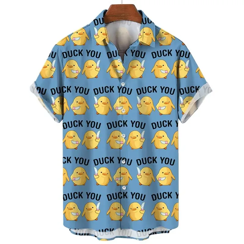 Men's Shirts Cute Duck 3d Print Summer Casual Oversized Short Sleeve Fashion Single-Breasted Blouses Trend Lapel Men's Clothing