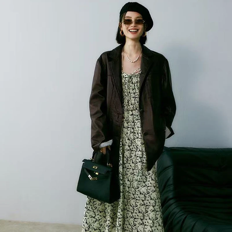 سترات من الجلد الحقيقي السيدات جلد الغنم فقاعة الجلد موضة خمر الأحمر البني زرين جيب فضفاض دعوى معطف Lederjacken Fraue #4