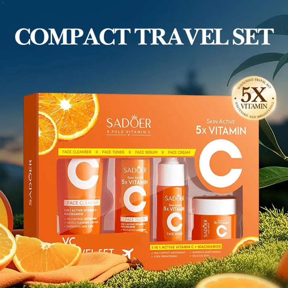 Kit de Viagem SADOER 5x Vitamina C com 4 peças/caixa, Clareador e Hidratante, Inclui Limpador Facial, Tônico, Sérum e Creme Facial