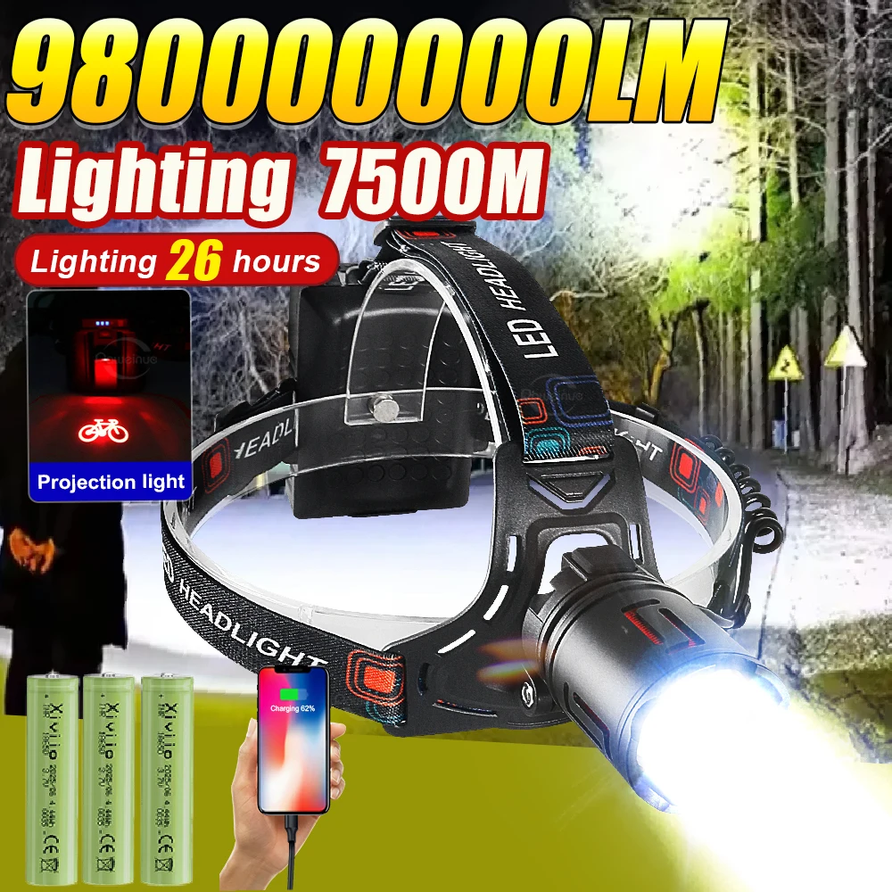 Super Powerful Headlamp 98000000LM Rechargeable Headlight High Power Headlamp 18650 Head Torch Hunting Camping Head Lantern