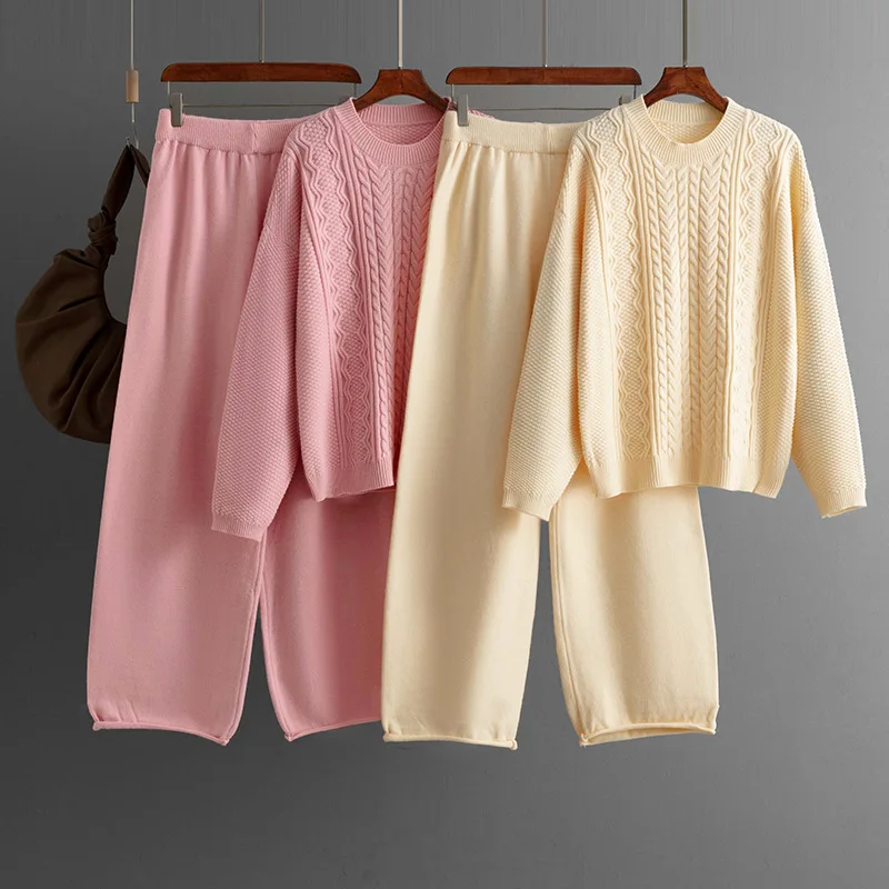 Muslim Women 2 Piece Sets Pullover Sweater Wide Leg Pants Ensemble Casual Knitwear Outfits Autumn Winter Knitting Suit 2025