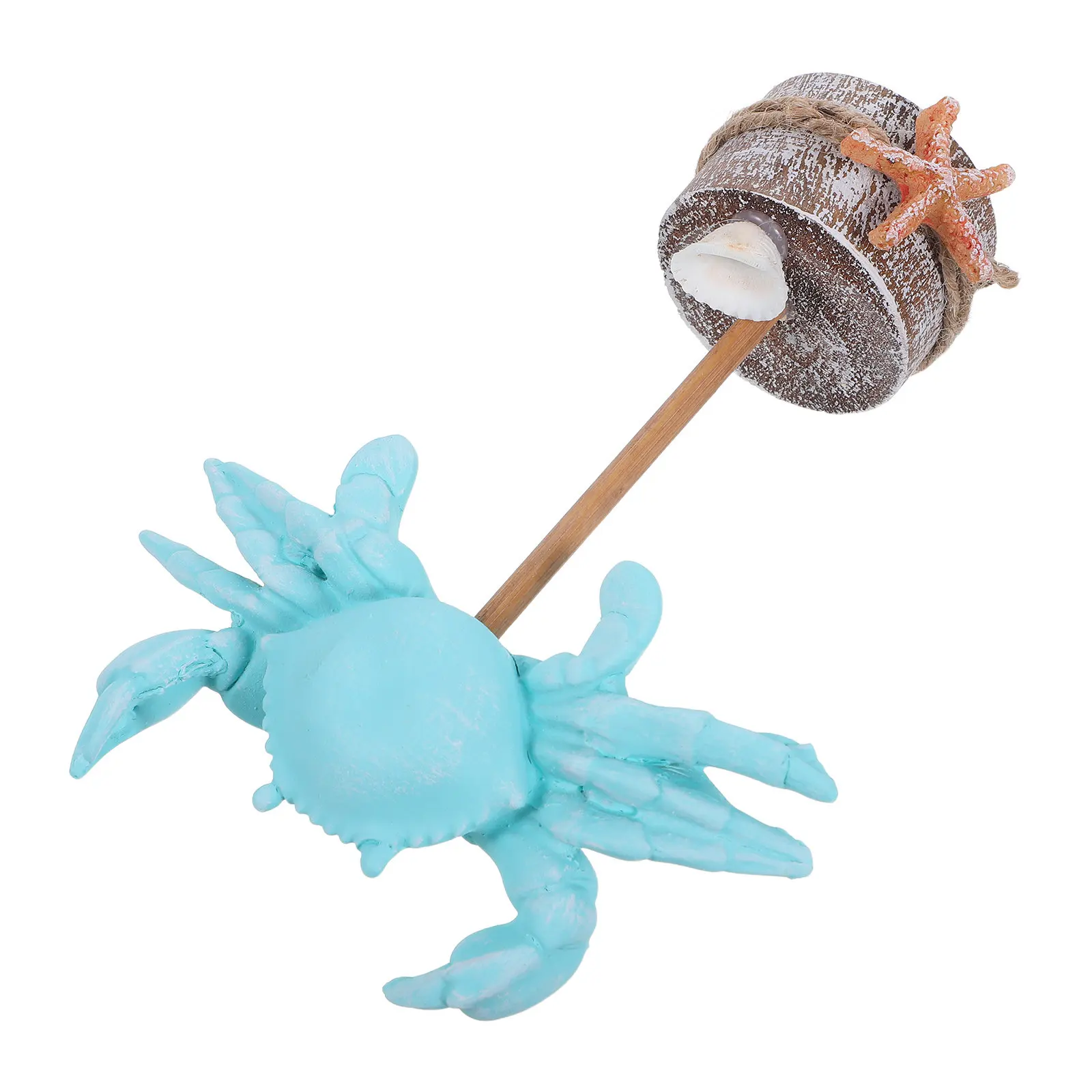 Resin Hermit Crab Statue Hand- Blue Wood Base Coastal Crab Ornament Table Decor Mediterranean Style Nautical Home