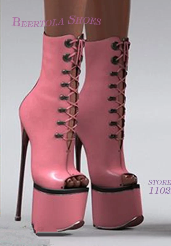 Tacones de 15Cm, botines ajustados de encaje rosa brillante para mujer, sandalias abiertas con plataforma negra y Punta abierta, tacones de aguja para baile en barra, zapato Sexy