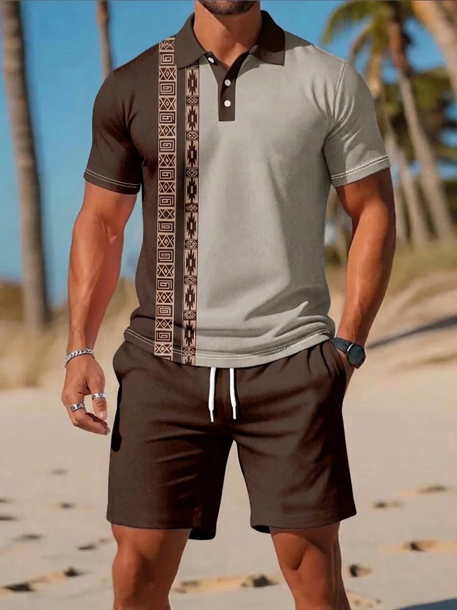 New Men's Summer Sports Set Men's Set Retro 3D-Printed Casual Short-Sleeve T-Shirt Collared Button-Down Polo Shirt Men's Apparel