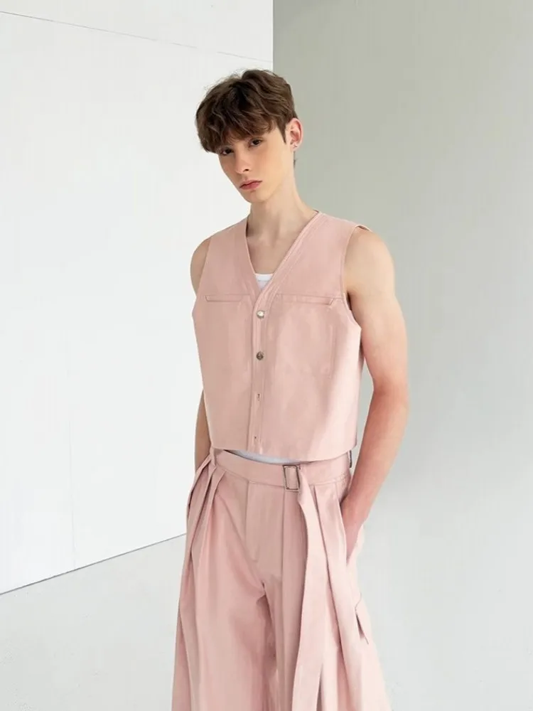 Mens Fashion Summer Two Piece Set Single Breasted Vest Wide Leg Cargo Pants High Street Casual Personality Matching Set Outfit