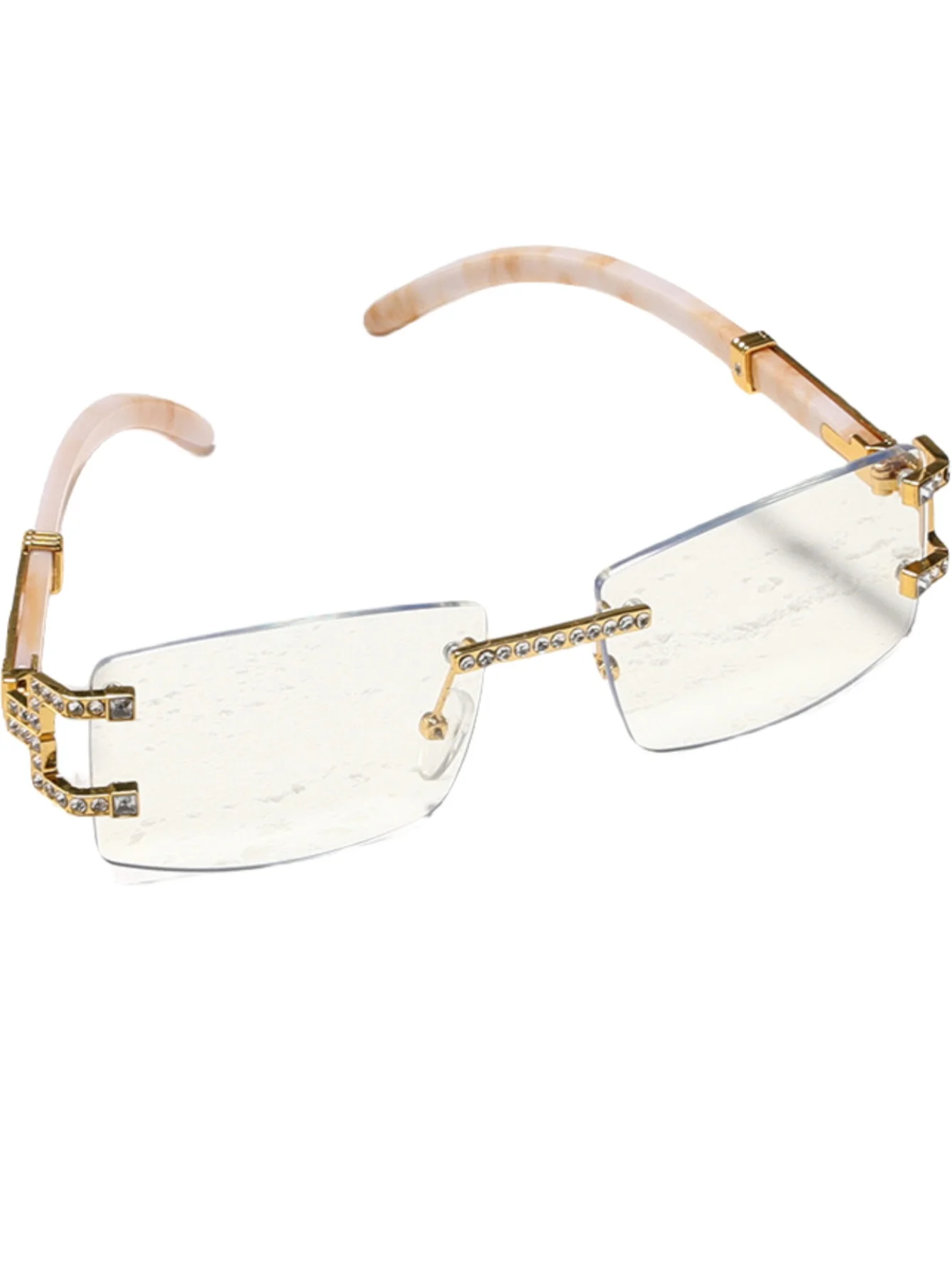 Lunettes de soleil rétro à la mode avec jambe en bois, tendance, lunettes sans monture en diamant, tir de rue.
