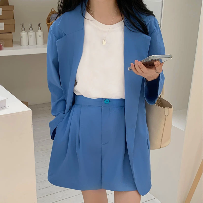 Conjunto de Chaqueta de Traje Azul Klein con Solapas Cortas y Pantalones Cortos de Cintura Alta para Mujer, Ropa de Trabajo E...