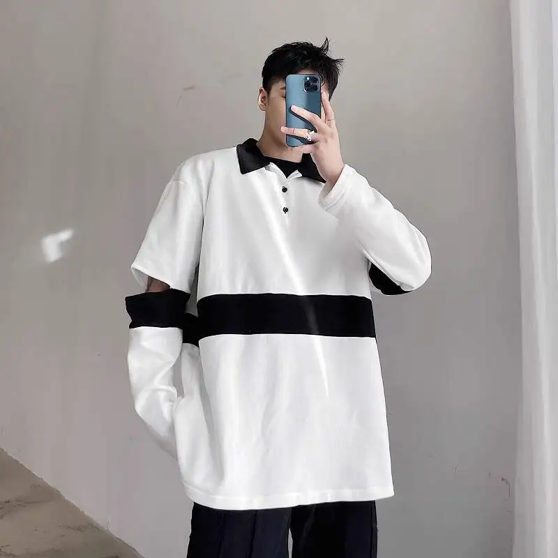 WTHT Fashion Men's Striped Spliced Contrast Color T-shirts Trendy 2025 Autumn Long Sleevs Lapel Loose Tops Male 2A2105