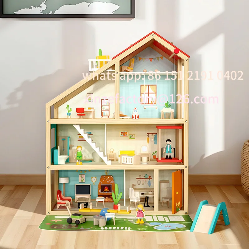 Customizable children's simulation wooden playhouse large three-story luxury villa doll house set boys and girls toys