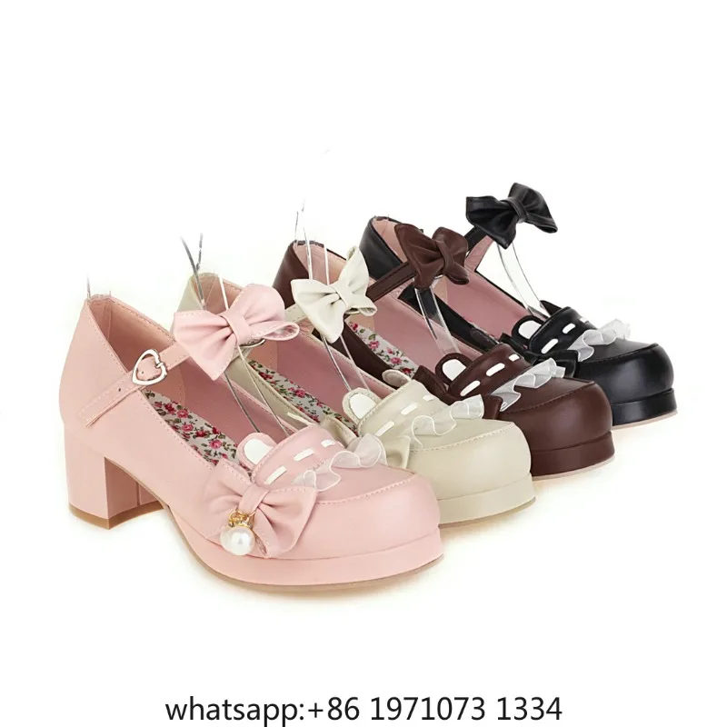 Japanese Style Sweet Bow Lace Princess Lolita Shoes Lace-up Med Heel Buckle Strap Thick Platform Pumps with Cute Ears Pearl 2026