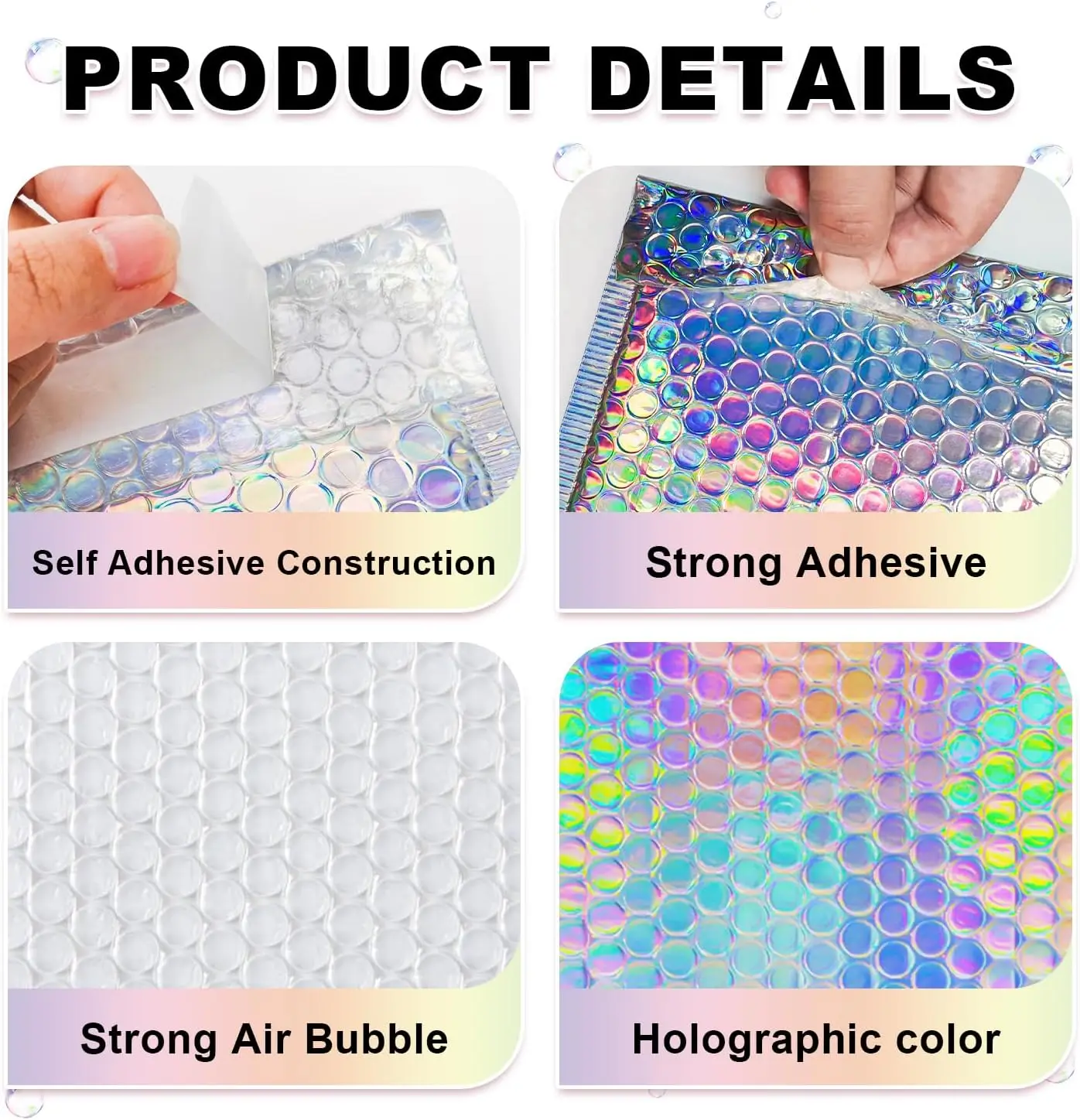 100 Pcs Holographic Bubble Mailers,Metallic Bubble Mailers,Waterproof Poly Padded Envelopes,Self Sealing Cushion Envelopes