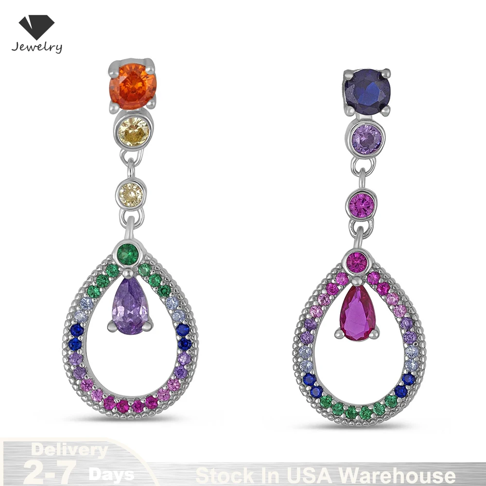 

925 Sterling Silver Rhodium Plated Dangle Earrings for Women Multicolor Halo Tear Drop Crystal Fine Jewelry Gift USA Warehouse